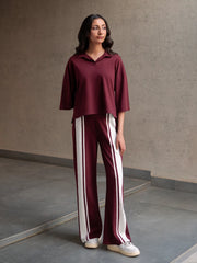 Zane Mulberry women's co-ord set with a relaxed collared top and wide-leg trousers with contrast stripes