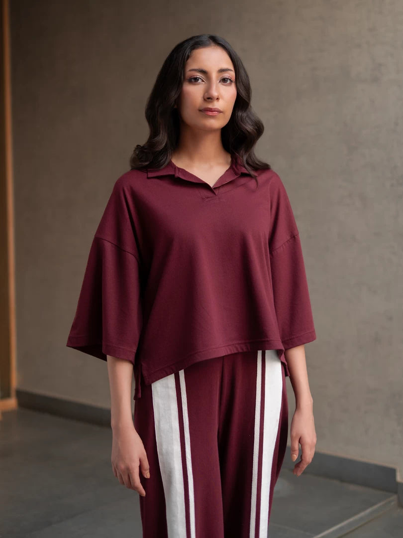 Zane Mulberry summer co-ord set showing the open collar, dropped shoulders and relaxed boxy top