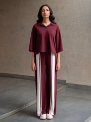 Full-length front view of Zane Mulberry matching set with a loose-fit top and striped wide-leg trousers